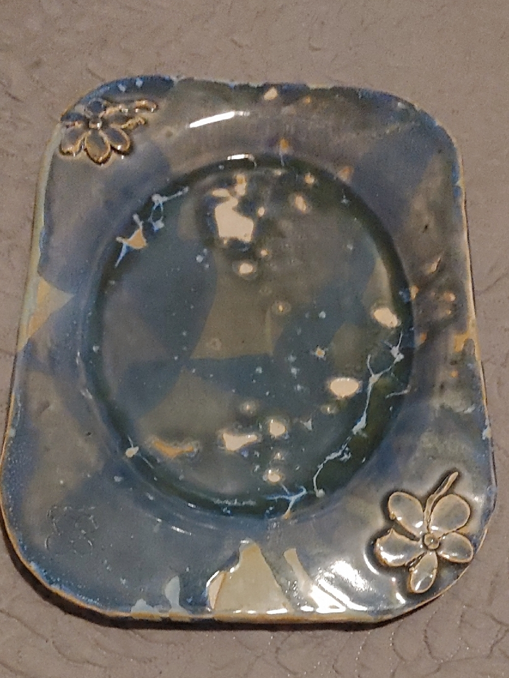 Handmade Blue Ceramic Large Dish with Flower Accents